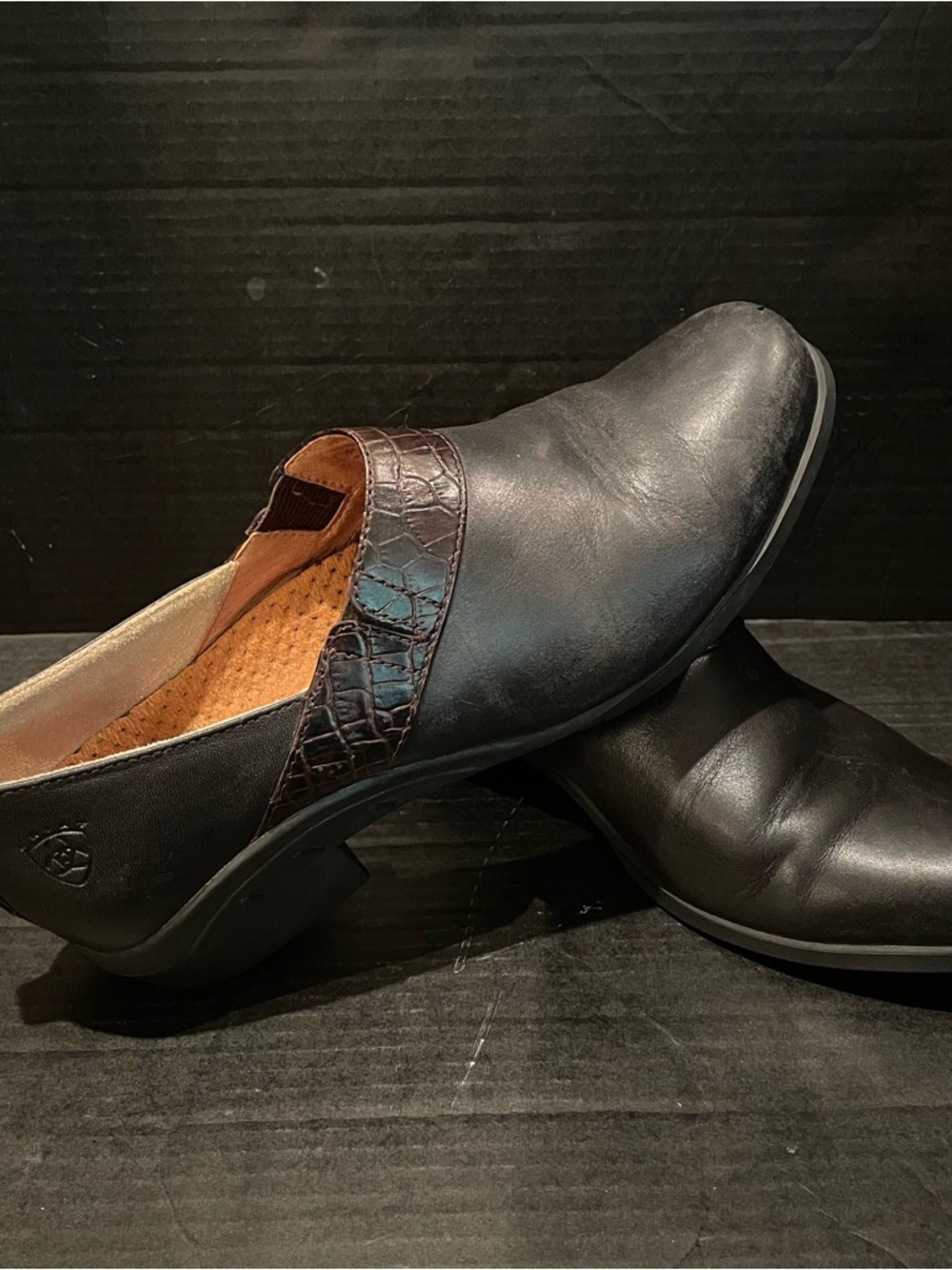 Ariat Black Leather Slip-On Mules with Brown Croc Trim
